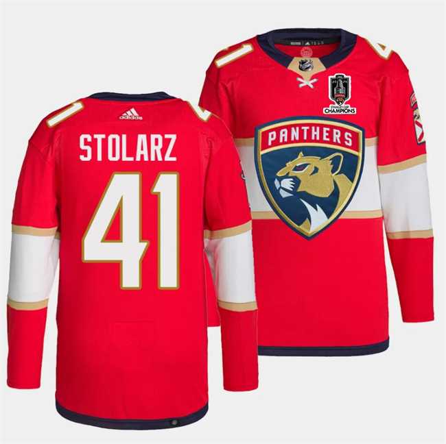 Mens Florida Panthers #41 Anthony Stolarz Red Home 2024 Stanley Cup Champions Stitched Jersey Dzhi